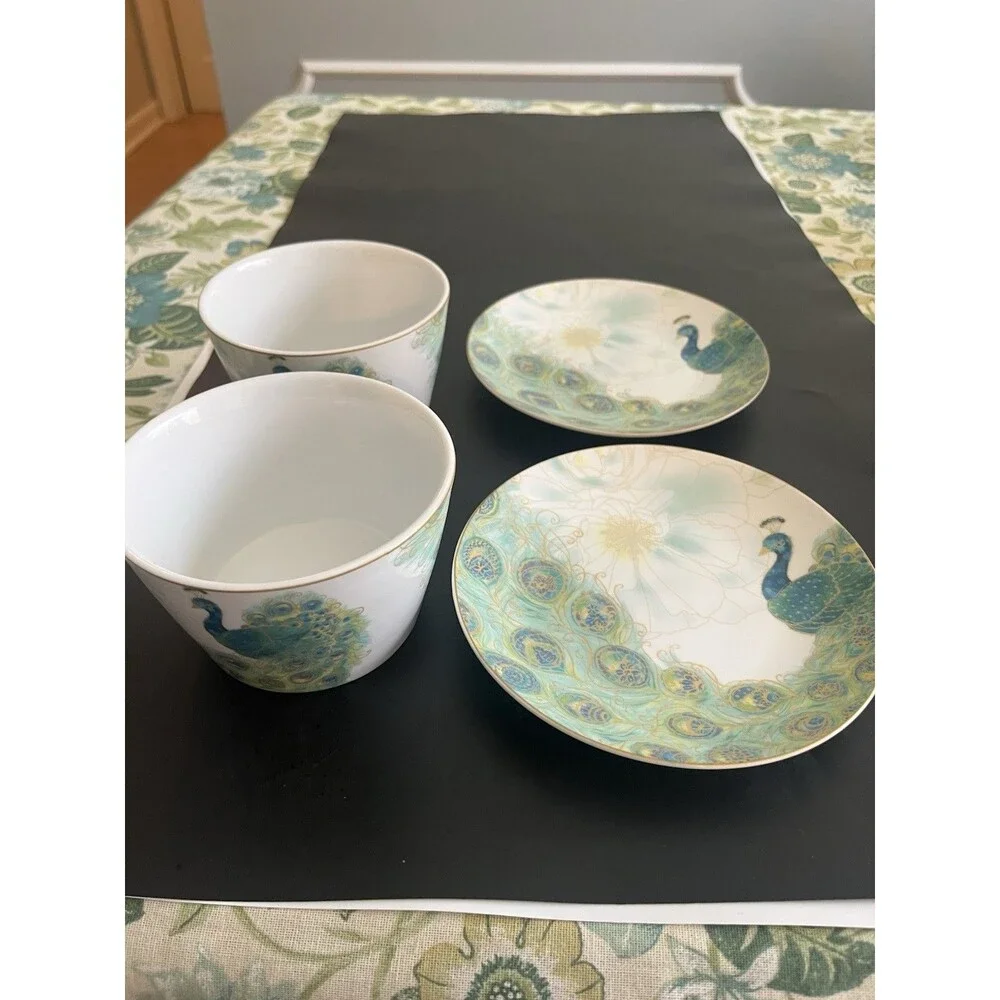 Lakshmi Turquoise Teal Gold Peacock Feathers Bowls Plates  222 Fifth 4pc
